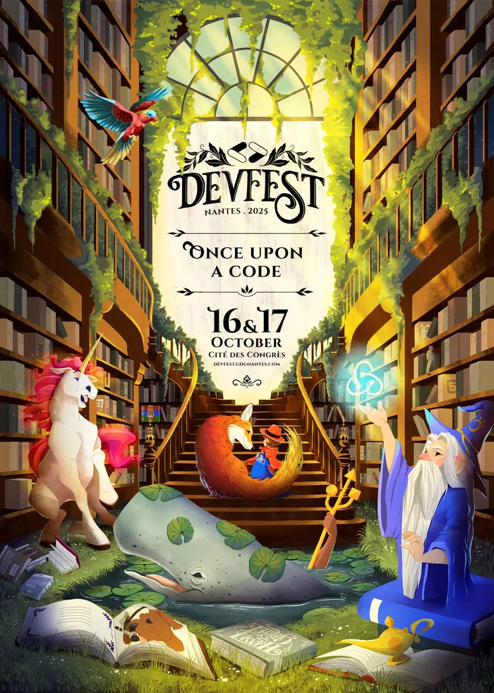 DevFest event poster with wizard, dragon, unicorn, and magical forest scene