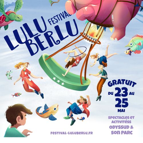 Lulu Berlu festival poster with colorful hot air balloon and playful children on a bright sky.