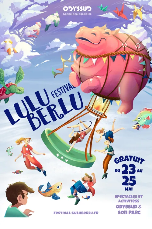 Lulu Berlu festival poster with colorful hot air balloon and playful children on a bright sky.