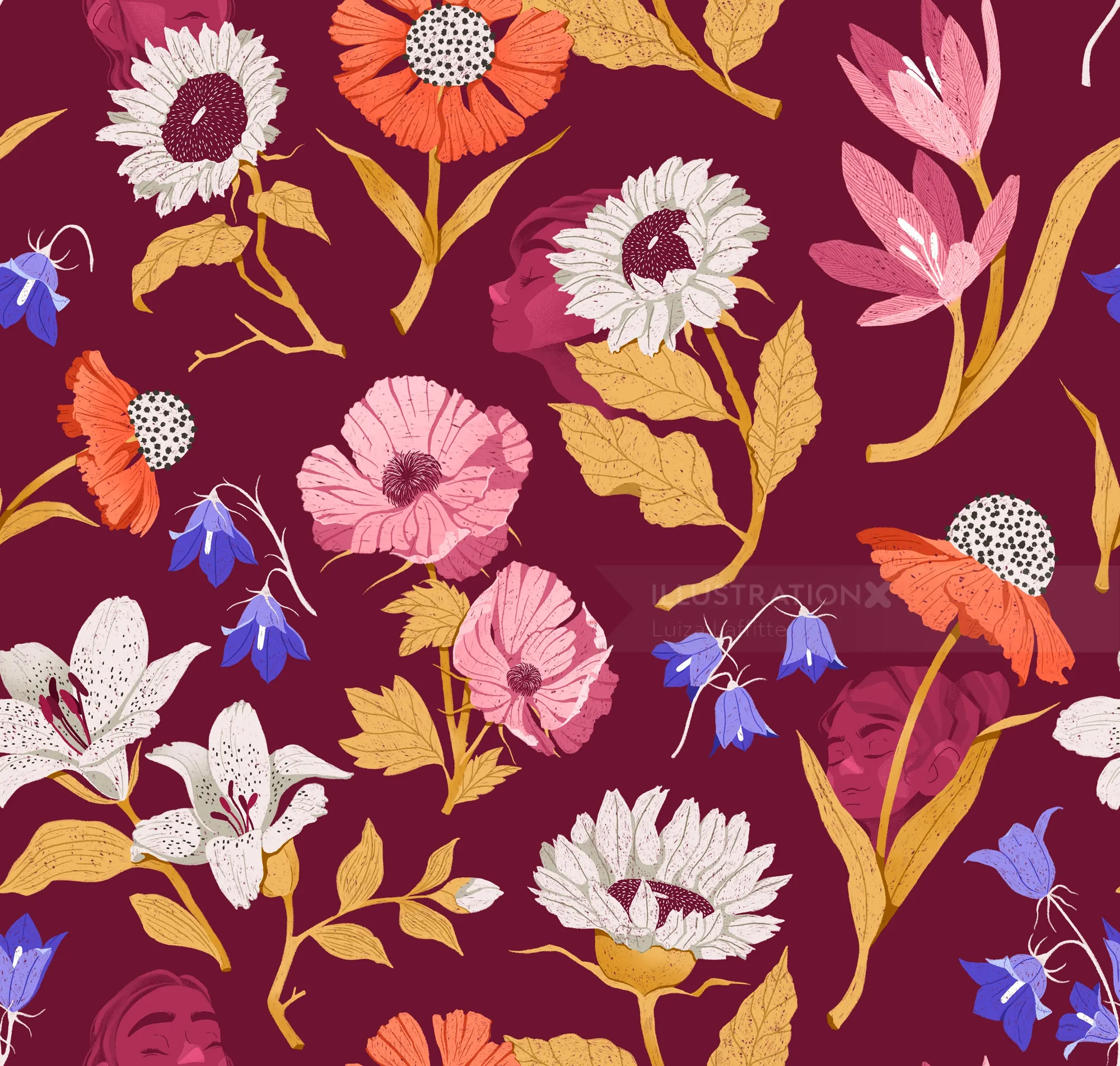 Pattern of various colorful flowers and leaves on a maroon background