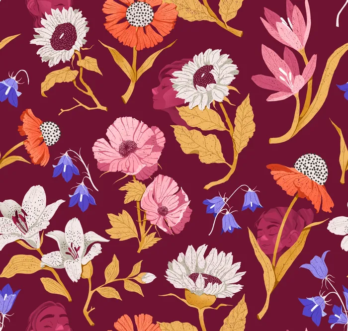 Pattern of various colorful flowers and leaves on a maroon background