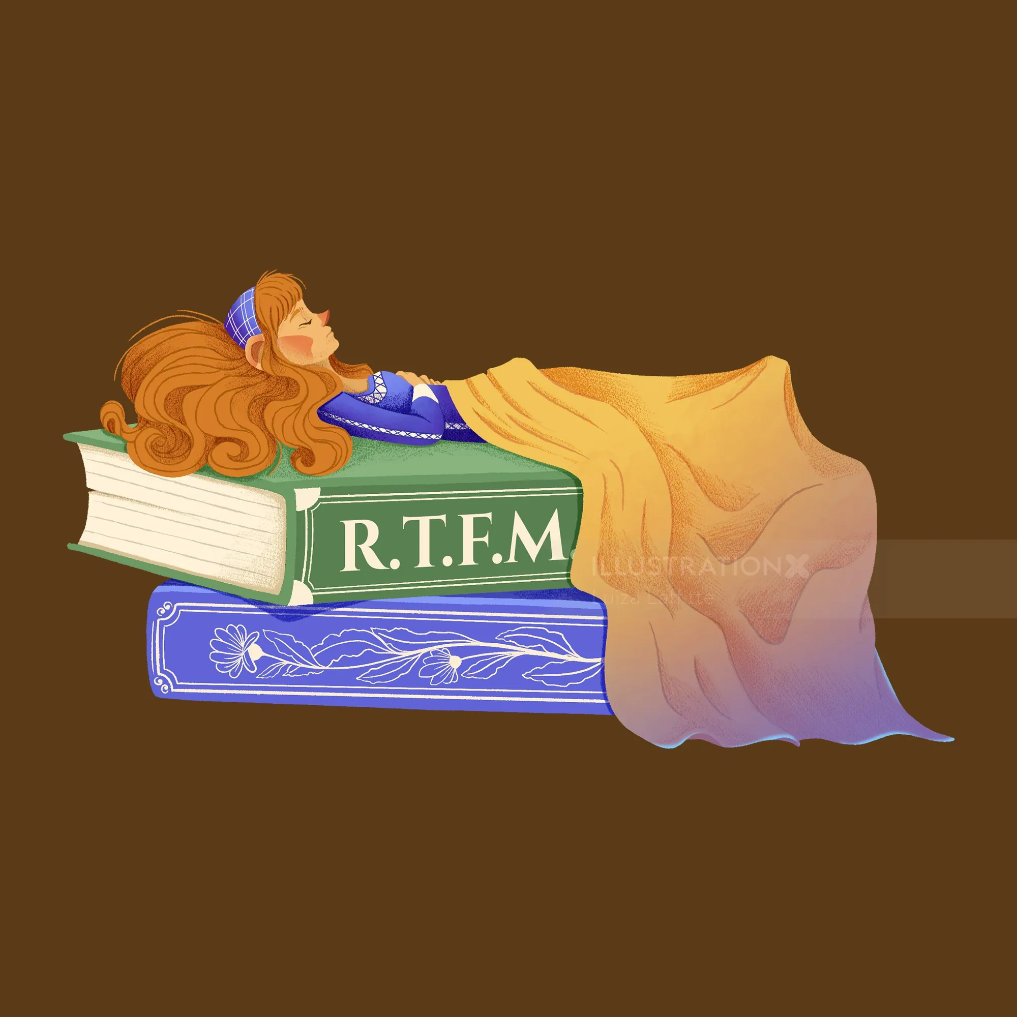 Woman sleeping on books titled R.T.F.M., illustrated by Luiza Laffitte