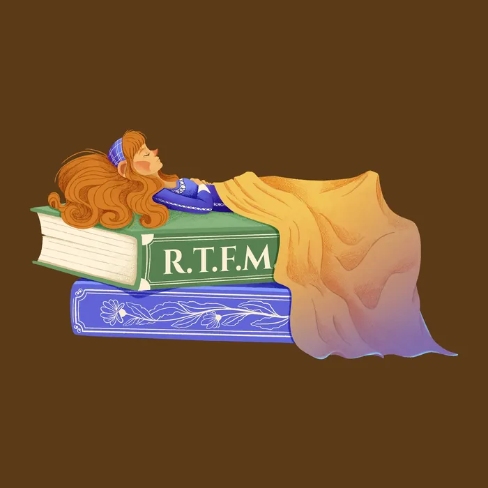 Woman sleeping on books titled R.T.F.M., illustrated by Luiza Laffitte