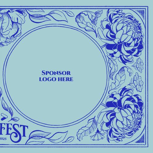 Silver Partner sponsor badge with blue floral designs by Luiza Laffitte