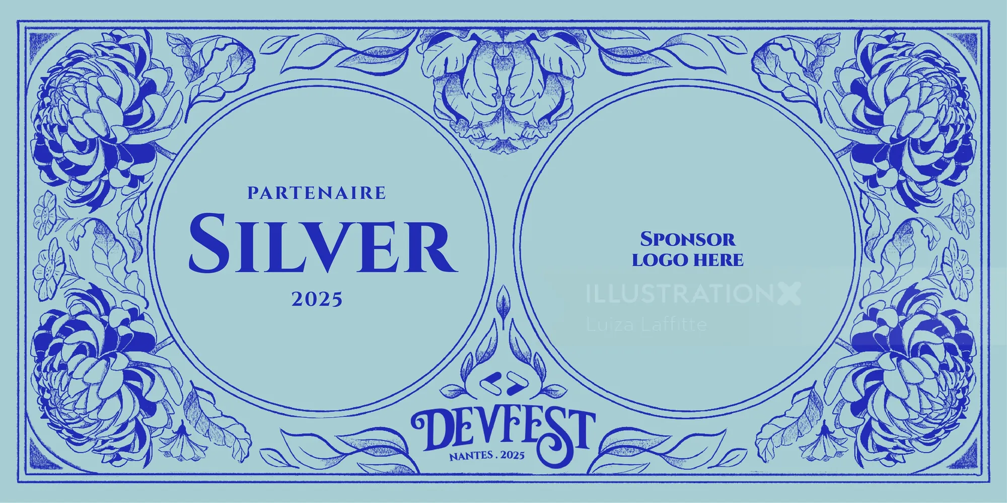 Silver Partner sponsor badge with blue floral designs by Luiza Laffitte