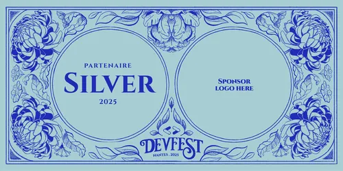 Silver Partner sponsor badge with blue floral designs by Luiza Laffitte