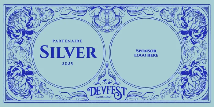 Silver Partner sponsor badge with blue floral designs by Luiza Laffitte