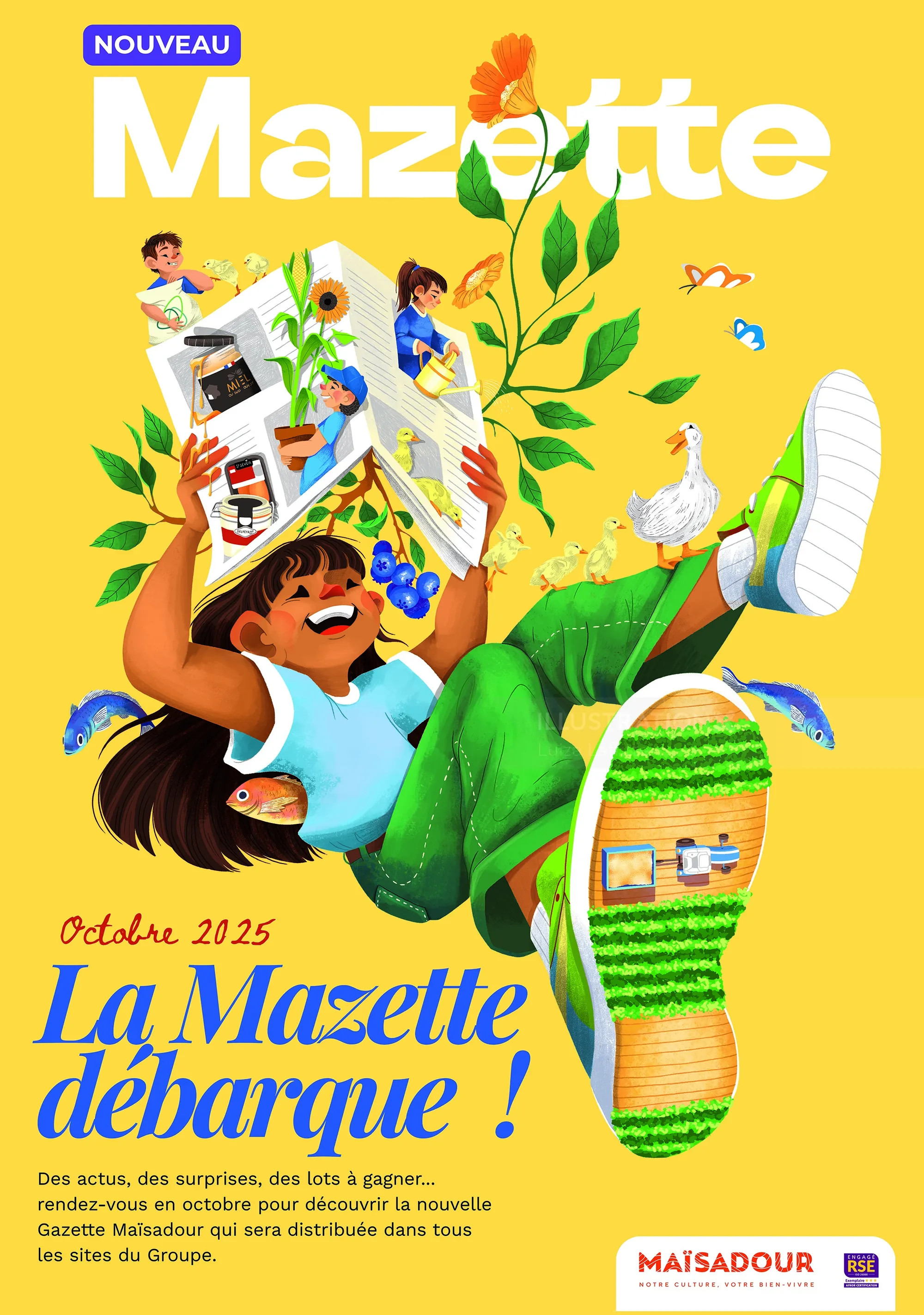 Joyful girl with newspaper and plants on La Mazette cover by Luiza Laffitte