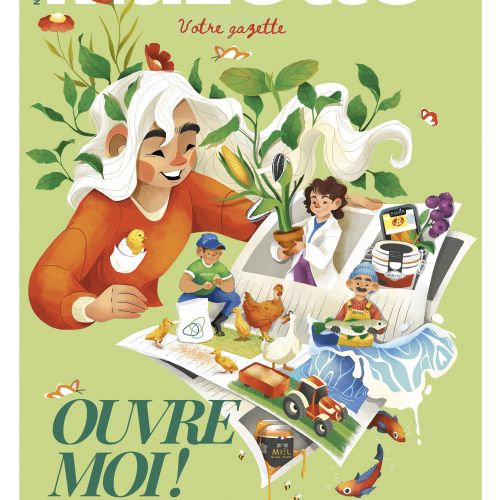 Mazette magazine cover with colorful characters, plants, and food by Luiza Laffitte