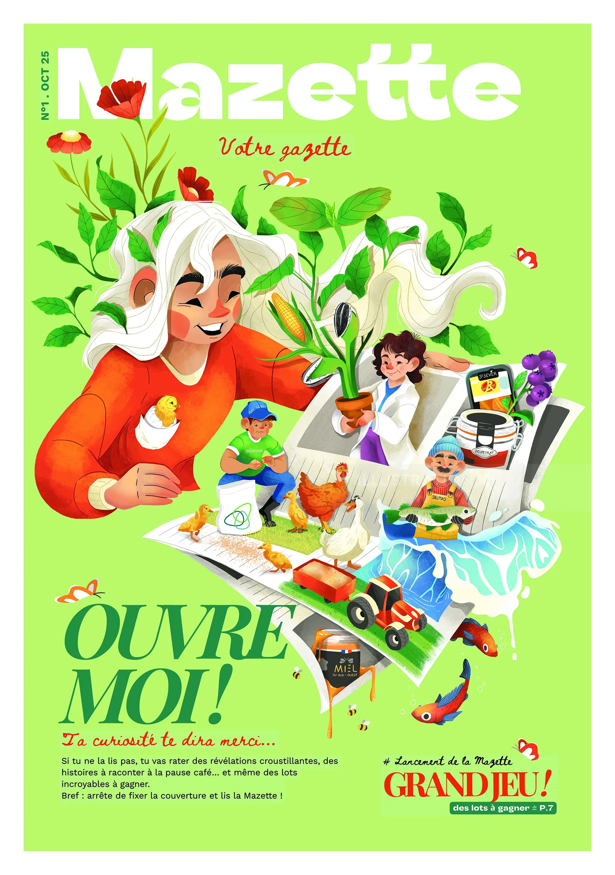 Mazette magazine cover with colorful characters, plants, and food by Luiza Laffitte