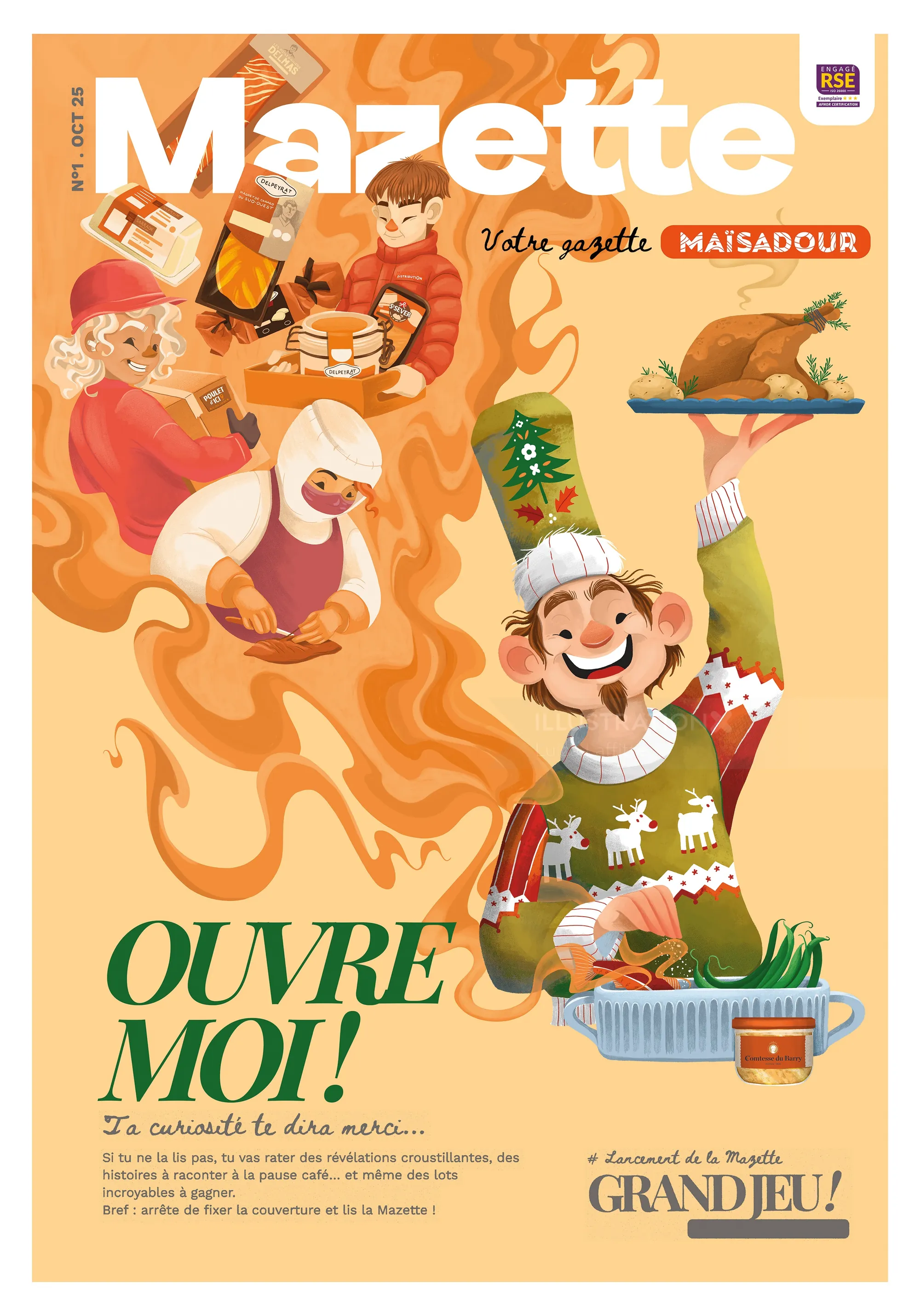 Festive Christmas scene with chefs and food, illustrated by Luiza Laffitte