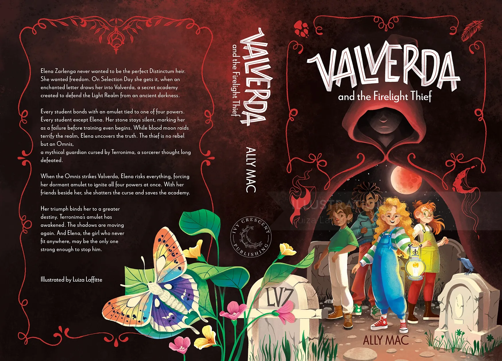Book cover illustration with characters and magical plants by Luiza Laffitte