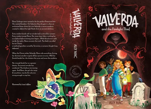 Book cover illustration with characters and magical plants by Luiza Laffitte