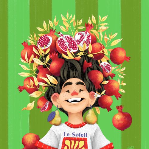 Illustration of a smiling boy with pomegranates and pears by Luiza Laffitte