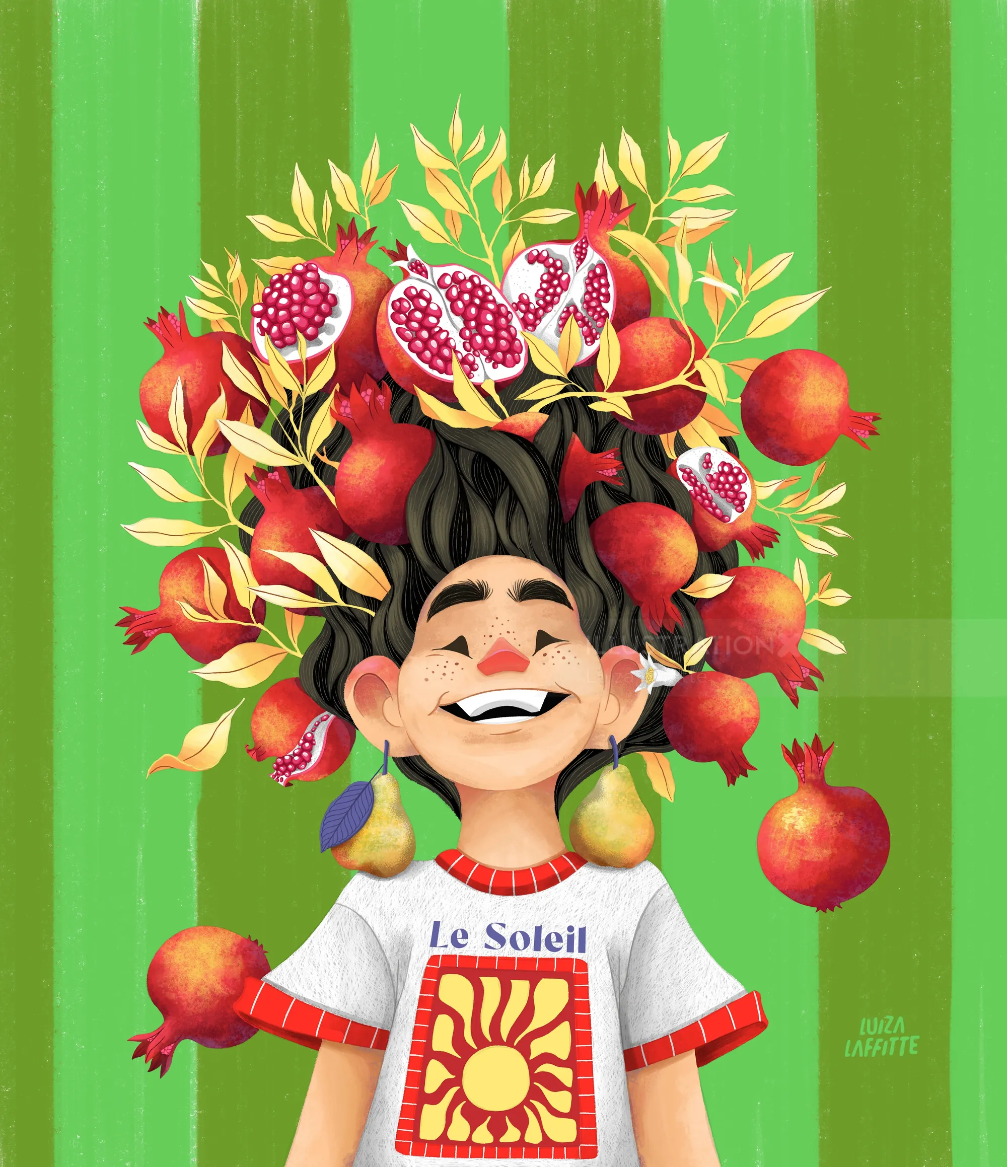 Illustration of a smiling boy with pomegranates and pears by Luiza Laffitte