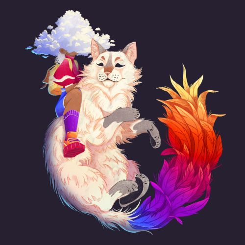 Girl riding a large white cat with a colorful tail by Luiza Laffitte