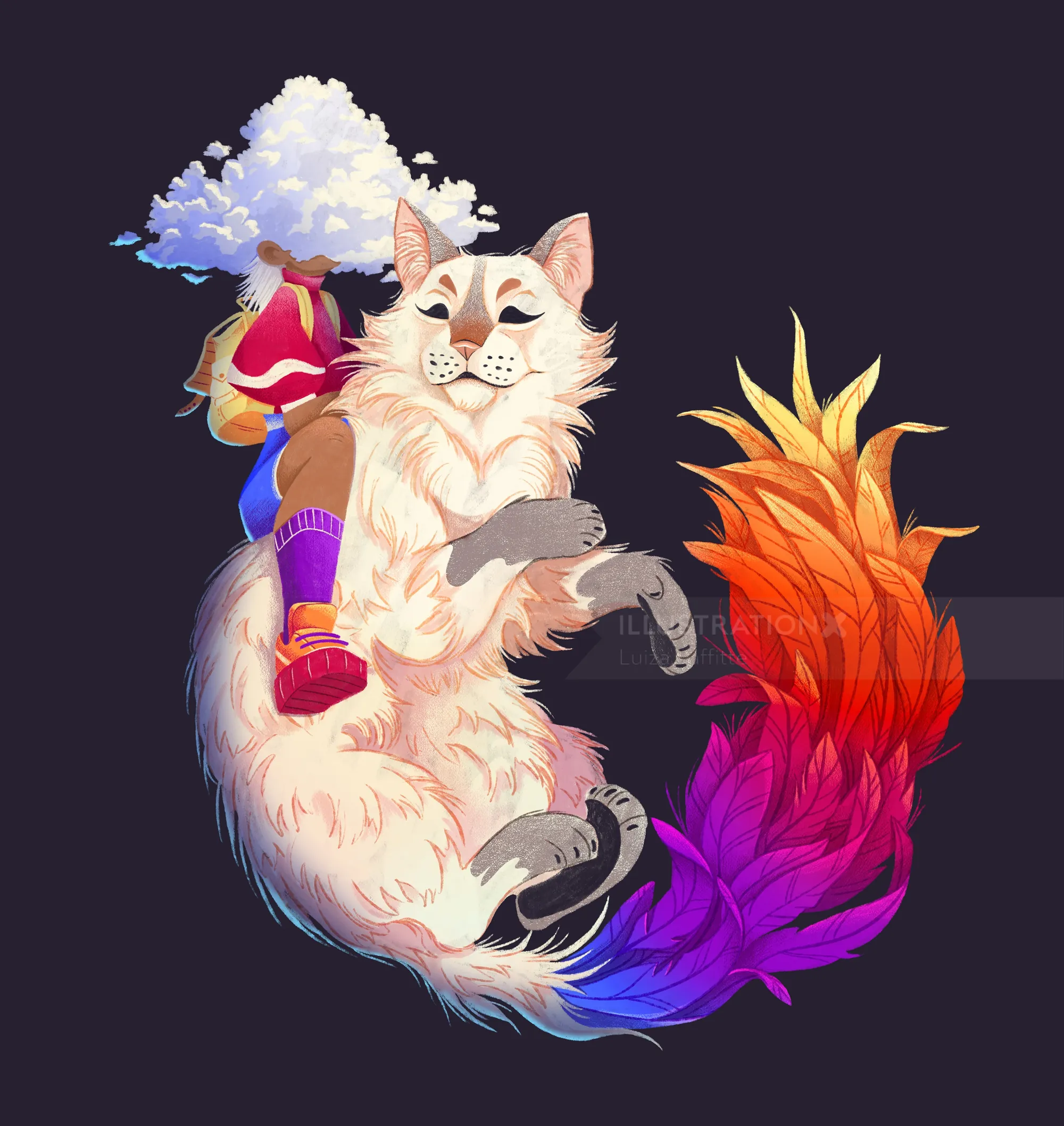 Girl riding a large white cat with a colorful tail by Luiza Laffitte