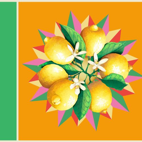 Lemon fruit design with leaves and blossoms by Luiza Laffitte