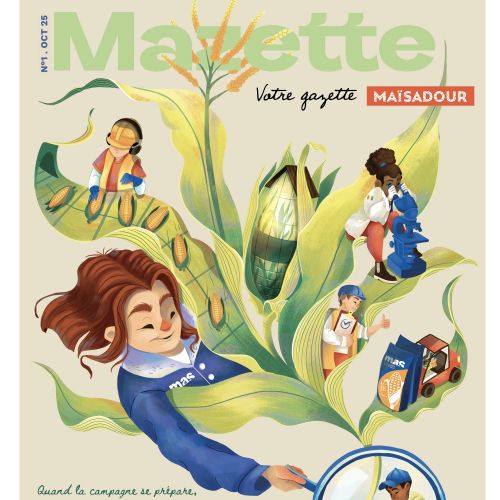 Magazine cover showing family and children around large corn stalks, illustration by Luiza Laffitte