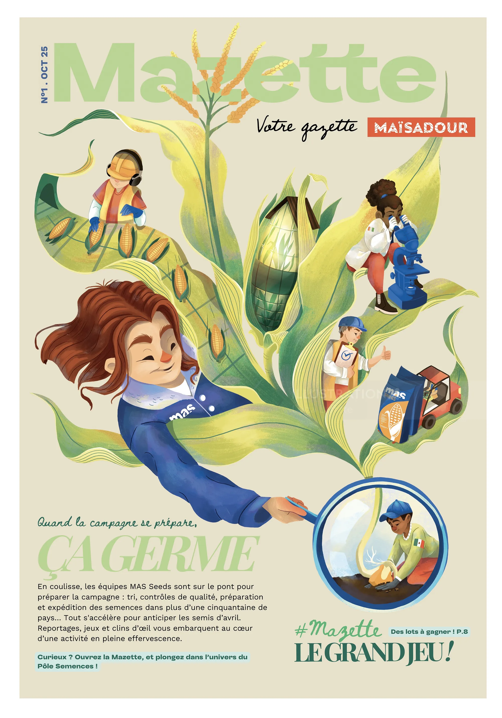 Magazine cover showing family and children around large corn stalks, illustration by Luiza Laffitte