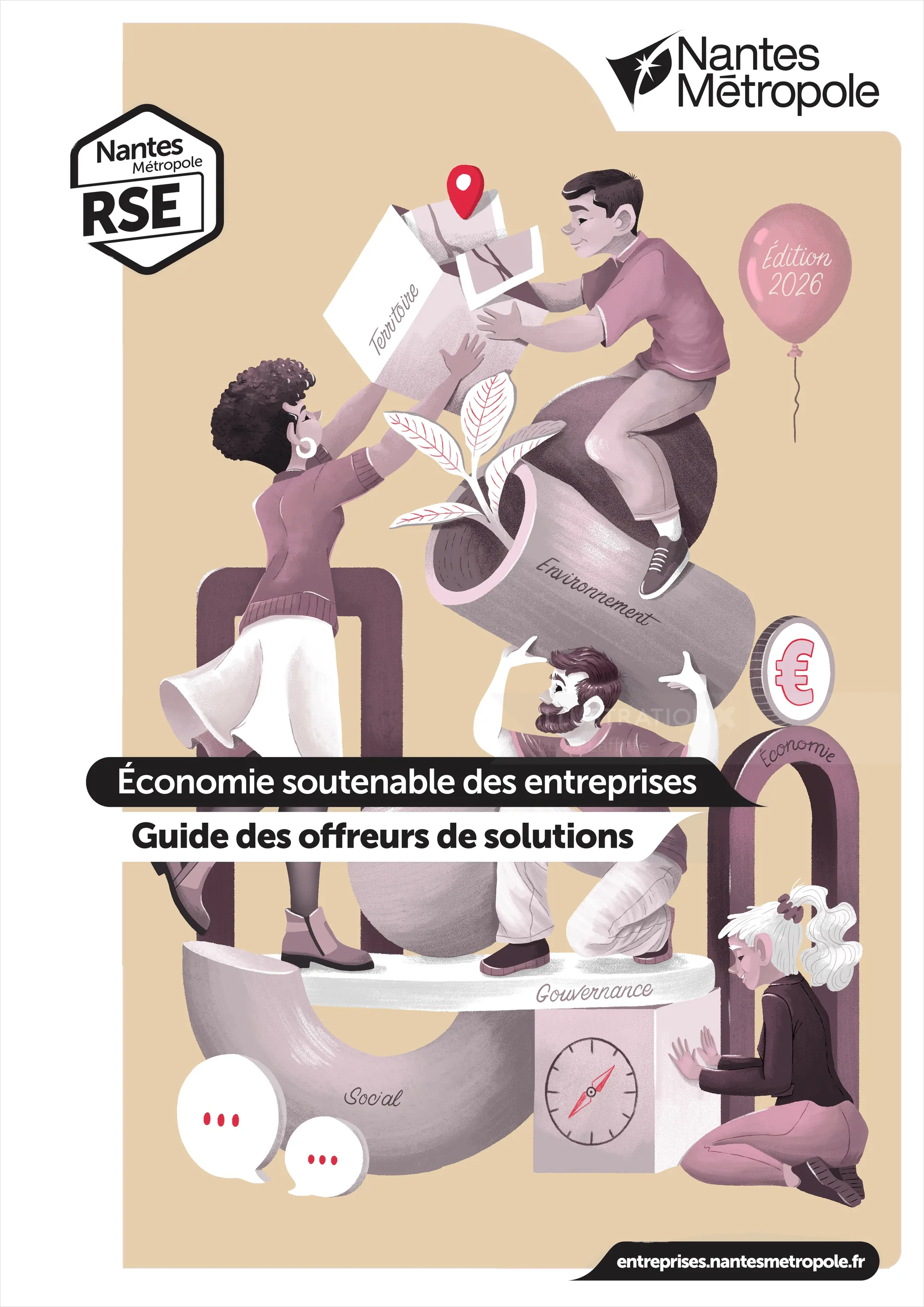 Ilustração de uma economia empresarial sustentável mostrando trabalho em equipe e crescimento por Luiza Laffitte