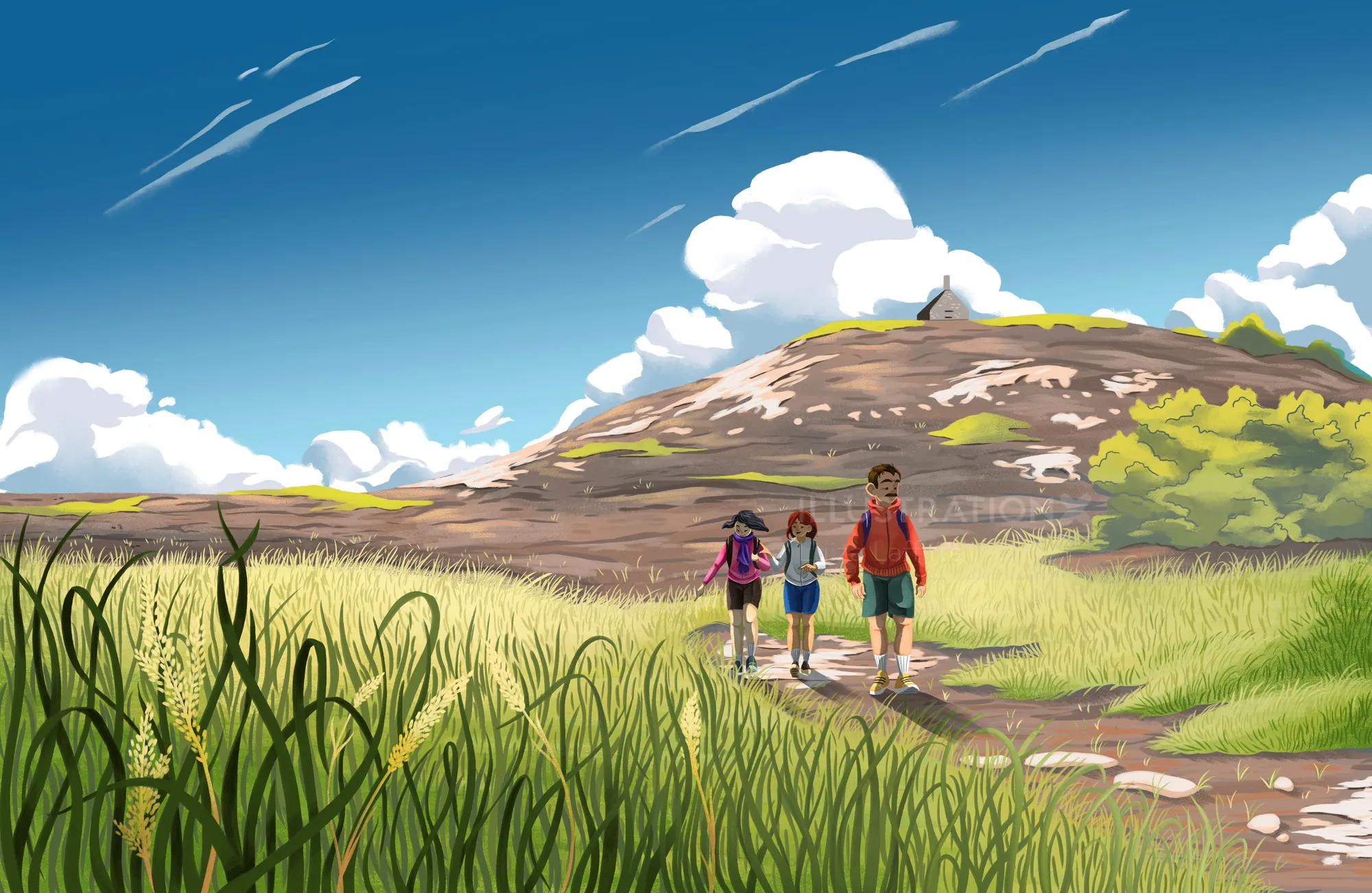Three children walking on a stone path in a sunny landscape by Luiza Laffitte