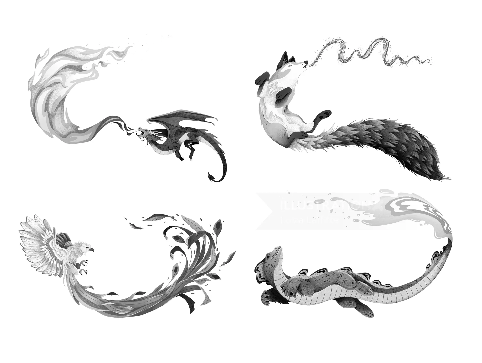 Ilustrações de criaturas fantásticas em preto e branco por Luiza Laffitte