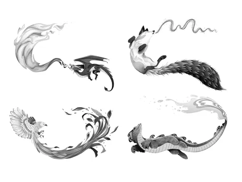 Ilustrações de criaturas fantásticas em preto e branco por Luiza Laffitte
