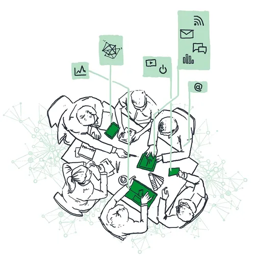 loose illustration of people discussing tech
