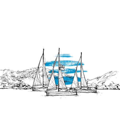 Line illustration of boats in sea
