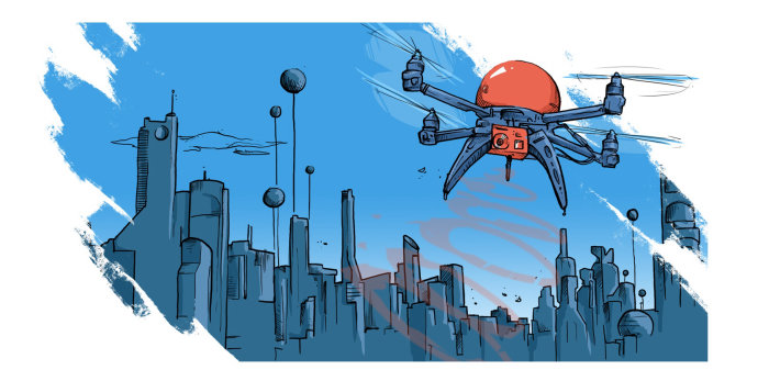 Illustration of drones in city
