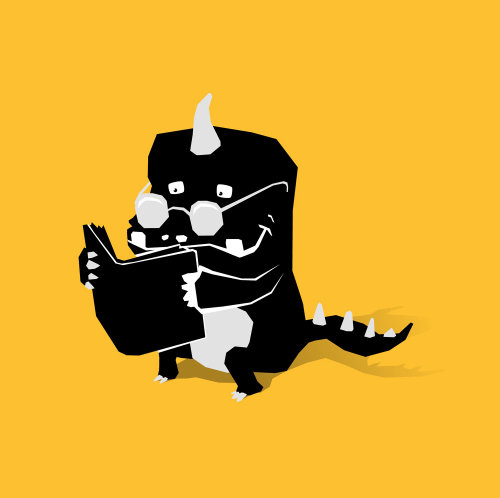 ink drawing monster reading book on yellow background
