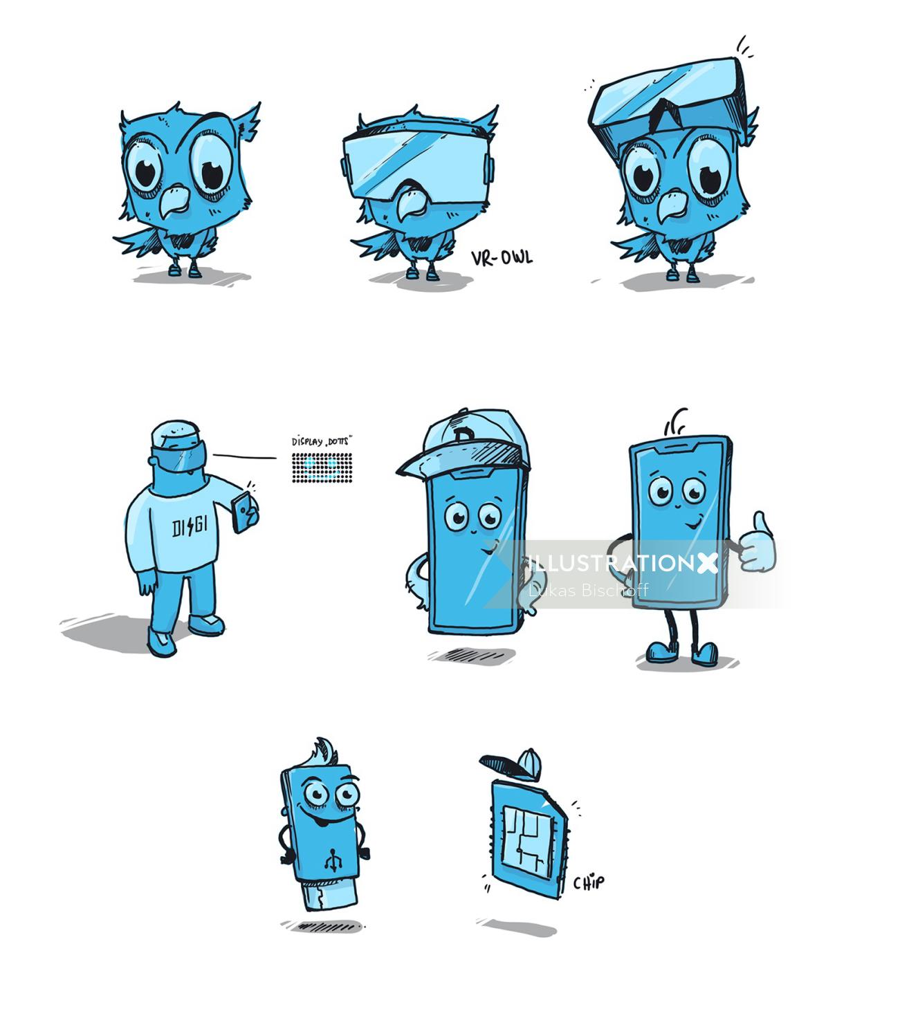Cartoon illustration of mobile phone accessories
