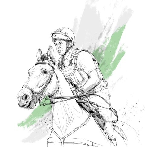 Sketch of jockey riding a horse with green background by Lukas Bischoff