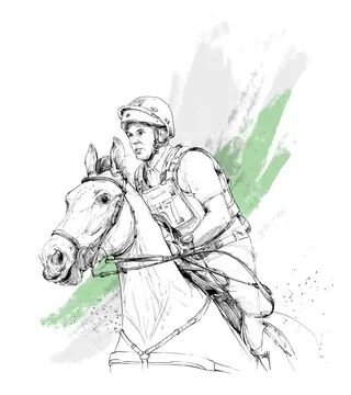 Sketch of jockey riding a horse with green background by Lukas Bischoff