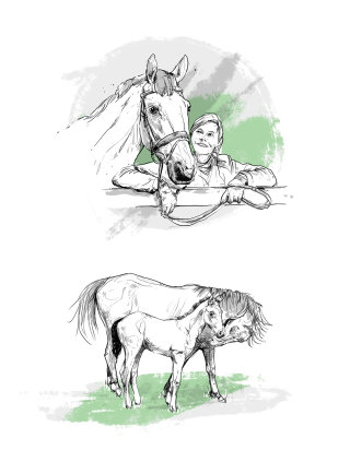 Ilustración en blanco y negro de caballo y mujer
