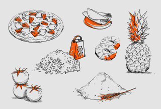 Ilustración alimentaria de frutas y verduras.
