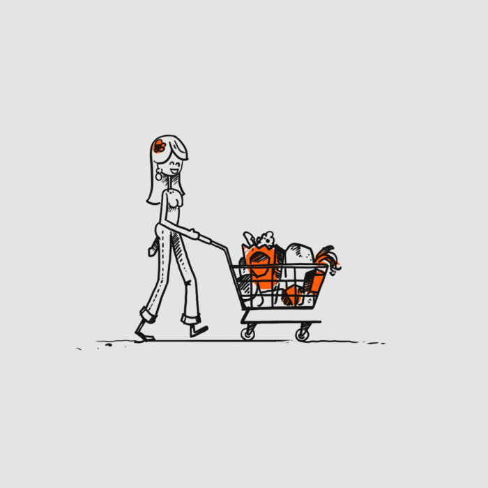 Finely rendered drawing of a woman shopping