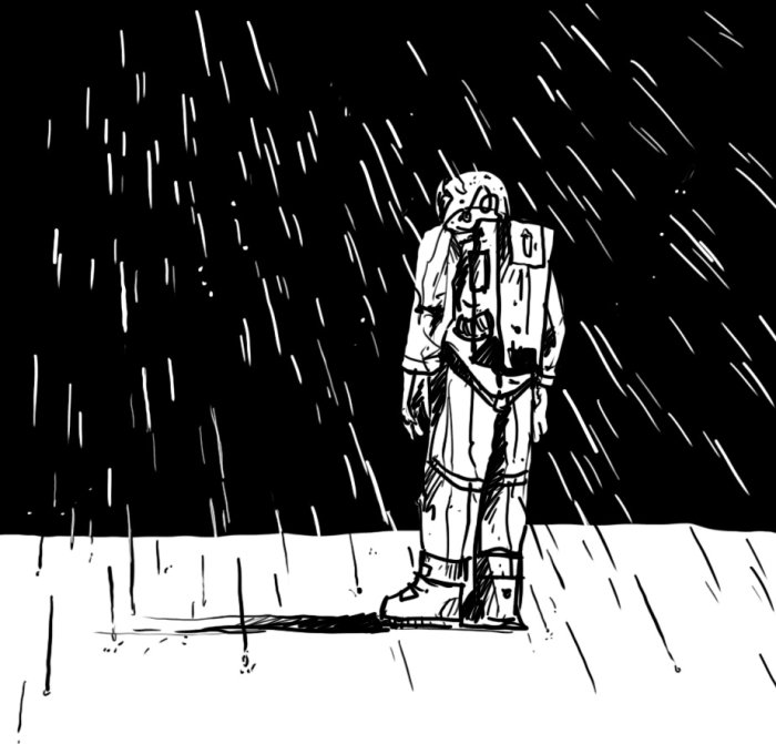 black and white illustration of man in rain
