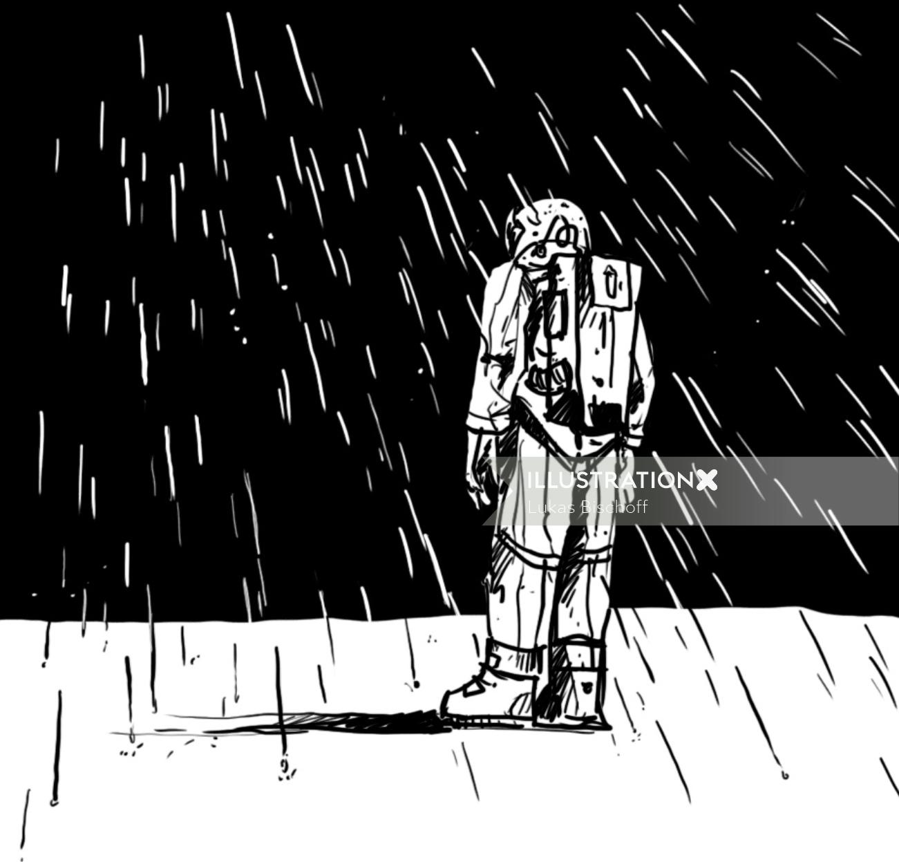 雨の中の男の白黒イラスト