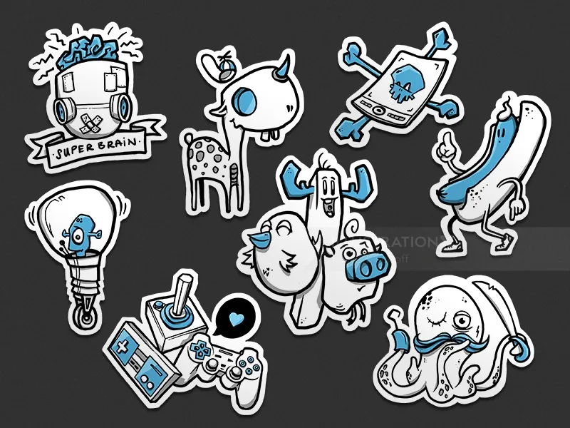 Cartoon stickers of quirky animals and objects by Lukas Bischoff