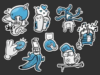 Whimsical playful blue cartoon characters in various poses by Lukas Bischoff