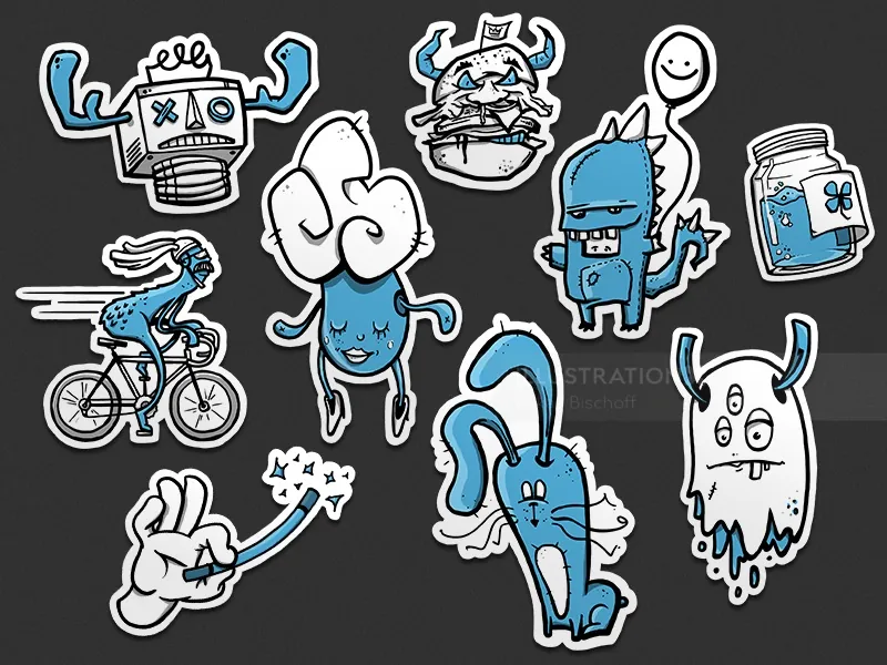 Whimsical blue cartoon characters and objects by Lukas Bischoff