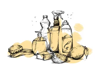 Sketch of cleaning bottles, brush, soap, and lemons by Lukas Bischoff
