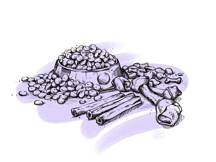 Illustration of dog bowl with kibble and bones by Lukas Bischoff