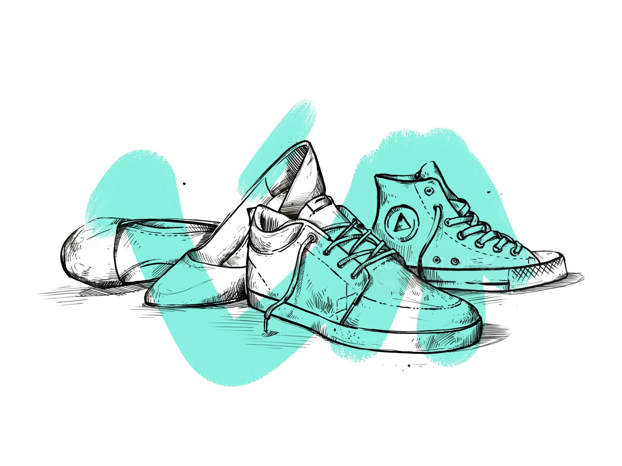 Sketch of three casual shoes with turquoise highlights by Lukas Bischoff