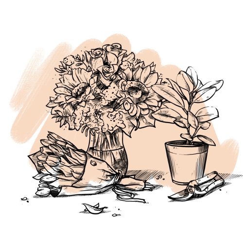 Ink drawing of flowers in vase and potted plant by Lukas Bischoff