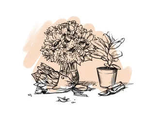Ink drawing of flowers in vase and potted plant by Lukas Bischoff