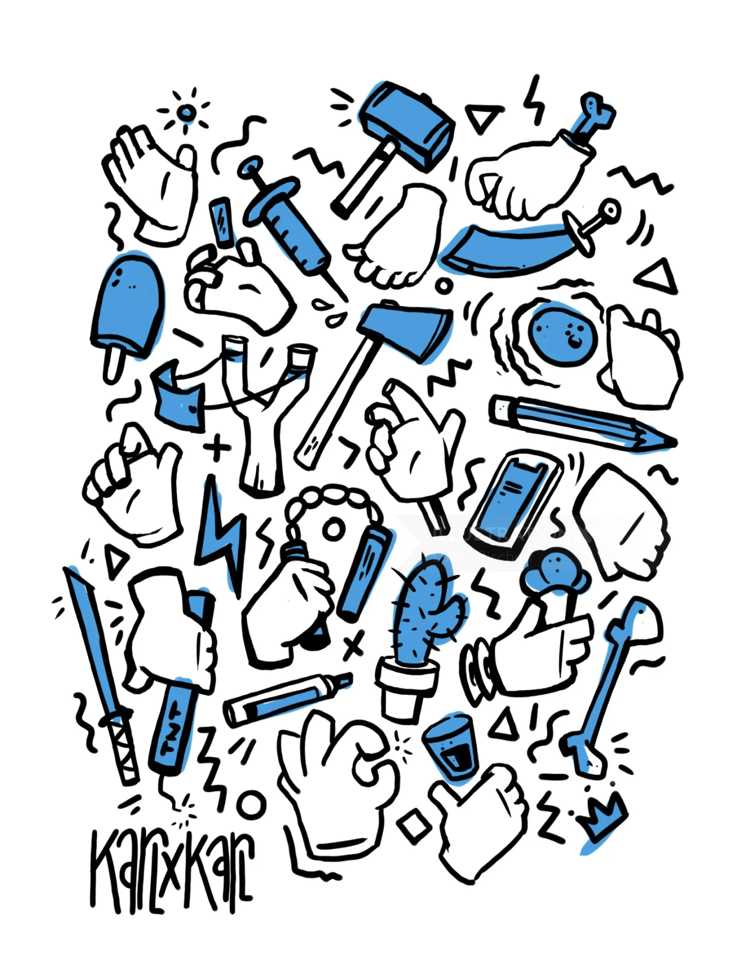 Illustration of hands and objects in motion by Lukas Bischoff