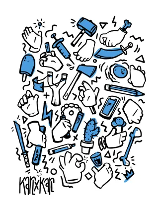 Illustration of hands and objects in motion by Lukas Bischoff